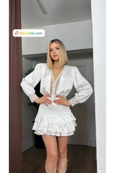 Alizstore Women's White Lace Detailed Mini Dress – Stylish and Elegant