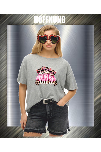 HOFFNUNG Unisex Short Sleeve Round Neck 3 Cats Printed Solid Color Tshirt