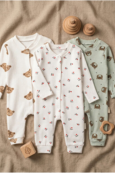 Noone 3'lü Paket Ayıcık Desenli Fitilli (Kaşkorse) %100 Pamuklu Bebek Tulum Seti