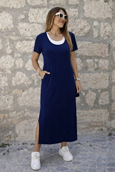 Generic Brand Women's Short Sleeve Athlete-Looking Side Slit Long Viscose Dress