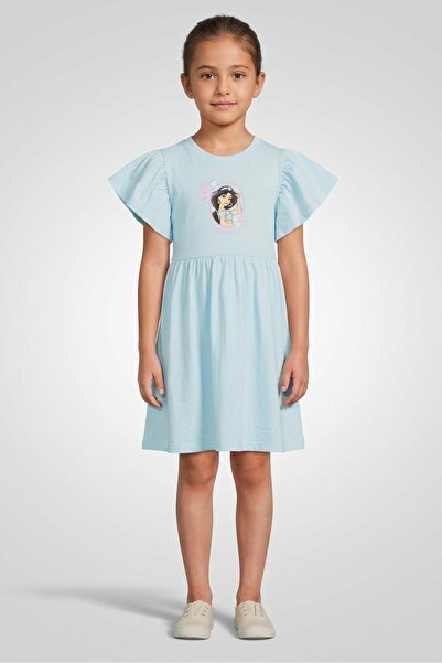 Disney Princess Kids Girl Graphic Print Short Sleeve Dress, Light Blue
