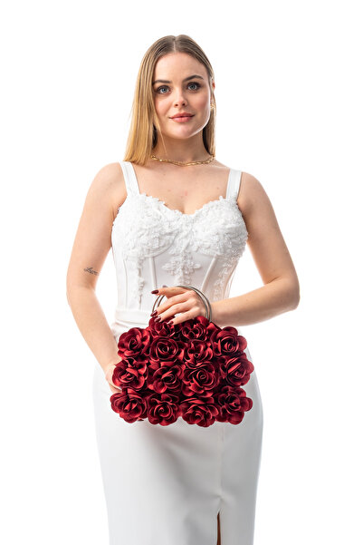 GUSTELLO روزاليا |   فستان سهرة بتصميم زهور من القماش D بمقبض باللون الفضي ال...