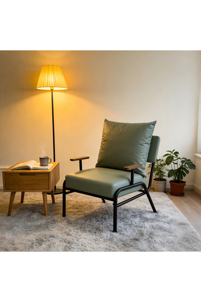 Zztcmp Modern Accent Chair with Metal Frame, Faux Leather Upholstery, and Wooden Armrests