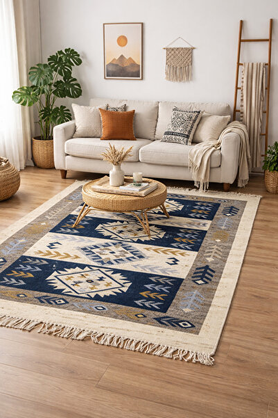 OEM Covor tradițional, dimensiune 120 x 180 cm albastru și crem, model ROMB