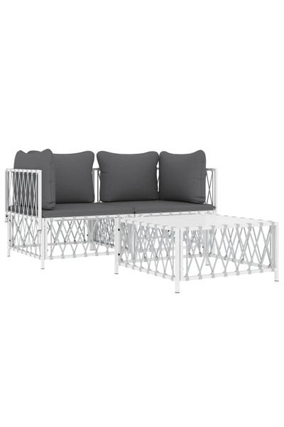 Concept Set mobilier de grădină, 3 piese, cu perne, alb, oțel