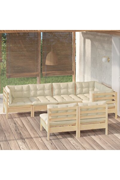 Concept Set mobilier grădină cu perne crem, 7 piese, lemn masiv de pin