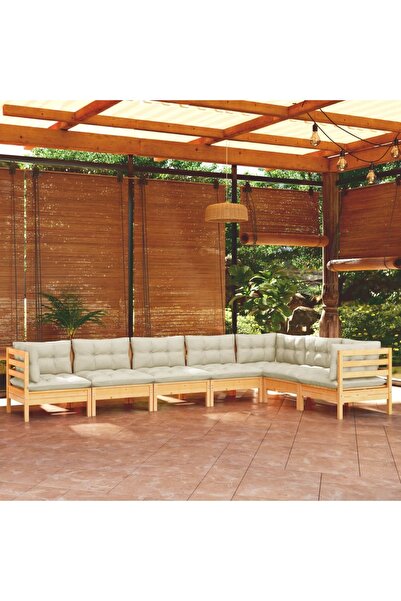 Concept Set mobilier grădină cu perne crem, 7 piese, lemn masiv de pin
