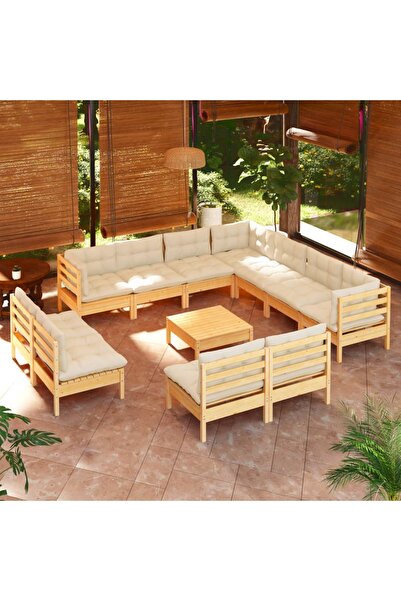 Concept Set mobilier grădină cu perne crem, 12 piese, lemn masiv de pin