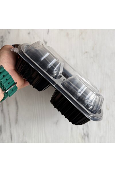 maycup Siyah Plastik Kapaklı Yemek Kabı Mikrodalga Kabı 3 Bölmeli 50 Adet