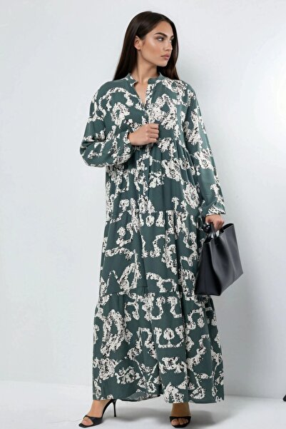 Hiccup Buttoned V-Neck Patterned Maxi Dress