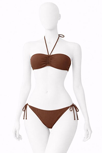 VAJESTO Дамски кремаво-кафяв еластичен ликра комплект бикини с връзки на врат...