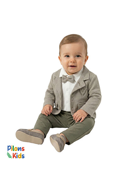 Pilons Kids Erkek Bebek Gri Ceketli ve Papyonlu Şık 3'lü Takım Bayramlık