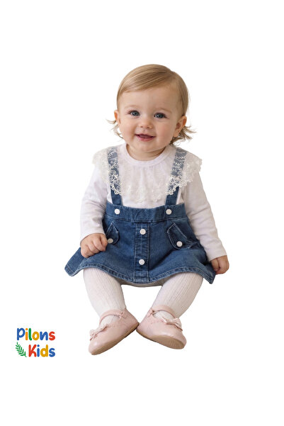 Pilons Kids Kız Bebek / Çocuk Denim Kot Jile Salopet ve Dantelli Uzun Kollu T...