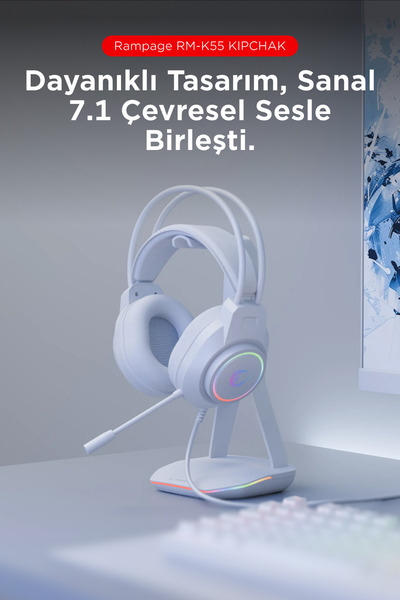 Rampage Kipchak Rgb [Usb-Type-C] Girişli Gürültü Engelleyici Pad 7.1 Profesyonel Oyuncu Kulaklığı Beyaz