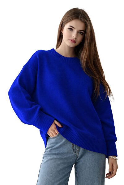 MODASPARK سترة تريكو نسائية كبيرة الحجم من ساكس بياقة دائرية باللون الأزرق