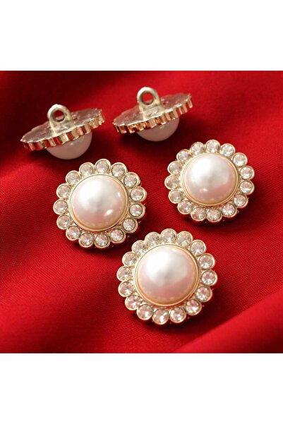 İMREN AKSESUAR Kristal Taşlı Ortası Inci 2 Cm Sarı Metalize Düğme 1 Paket 4 Adet