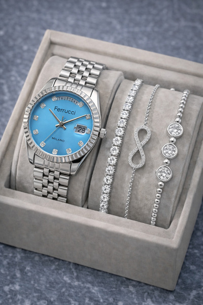 Ferrucci ساعة يد نسائية بسوار فولاذي فضي اللون - سوار