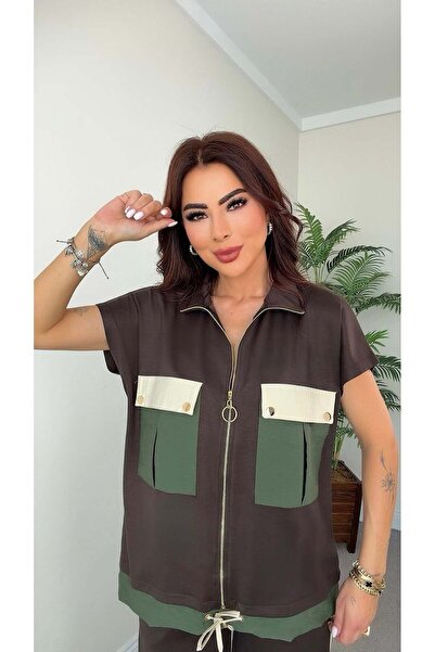 QİMYA BUTİK Buketli̇ Women's Pocket and Hem Colorful Parachute Fabric Sleevel...