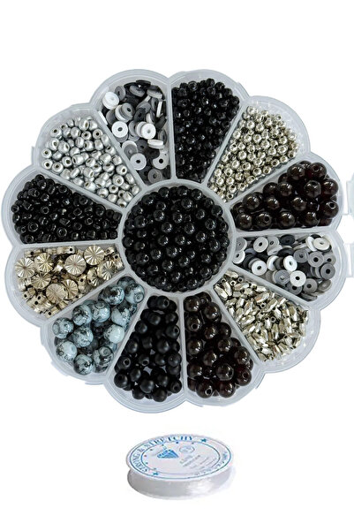 13 Bölmeli Papatya Kutuda Siyah ve Gümüş Renk Boncuklarla Takı Yapma Seti Diy Boncuk Kit Hediye