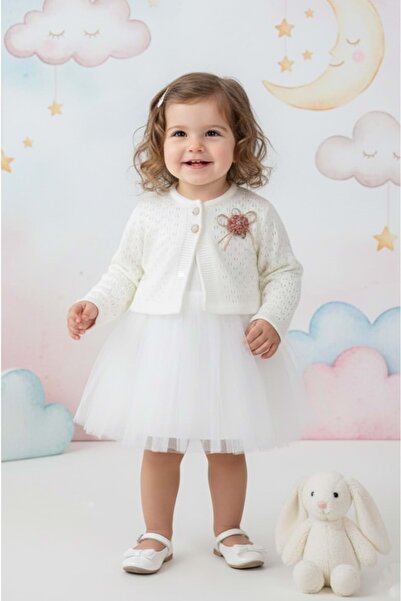 Mnk Baby&Kids فستان تريكو بوليرو للفتيات الصغيرات M00770 EKRU