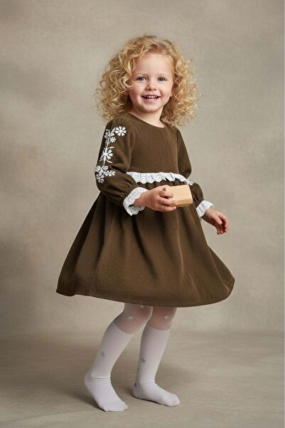 Mnk Baby&Kids Authentic Girls' Dress with Scallop Detail and Embroidered Slee...