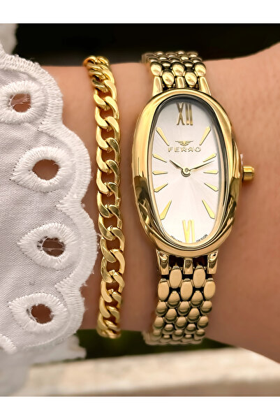 FERRO Sarı Çelik Kordon Kadın Kol Saati FL21510A-B 3ATM Su Geçirmez 2 Yıl Gar...