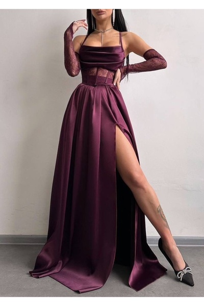 Elia Swimwear Rochie Lunga De Seara Ocazie Cu Corset Si Fusta Din Satin Burgu...