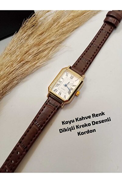 QUARTZ Brand Vintage Roman Numeral Dark Brown Color Stitched Crocodile Patter...