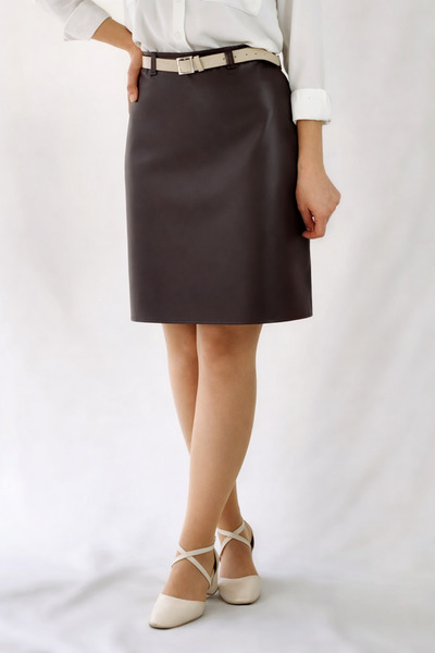 YAXİ Ψηλόμεση καφέ δερμάτινη φούστα με καμπάνα πάνω από το γόνατο