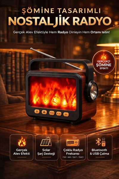 Maybax Şömineli Nostaljik Radyo Bluetooth USB TF Kart El Feneri FM Radyo Güne...
