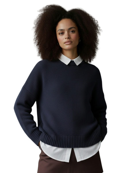 MODASPARK Pulover de damă oversize cu guler rotund albastru bleumarin