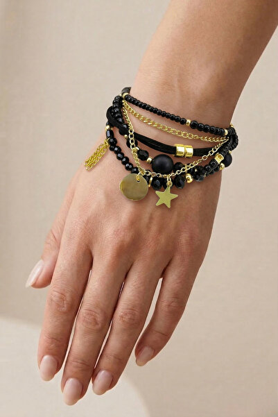 PETEK AKSESUAR العرقية البوهيمية متعددة سوار السمك الحجر الطبيعي الأسود