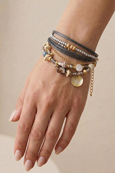 PETEK AKSESUAR ETHNIC BOHEM MULTIPLE BRACELET NATURAL STONE GRAY
