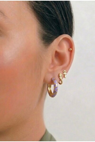 Markiz Takı Gold Mor Desen Halka Küpe (iç Çap 1.5 Cm)