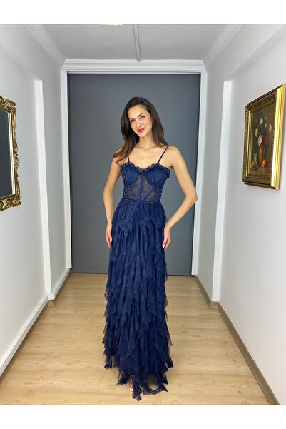 gökkuşagı moda Lacivert Dantel Bel Transparan İşli Etek Saçaklı Uzun Abiye El...