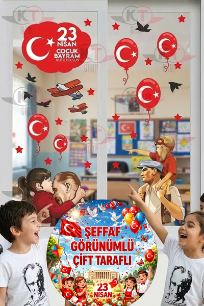 Kt Grup 23 Nisan Çocuk Bayramı Çift Taraflı Cam Kapı Duvar Sticker Seti