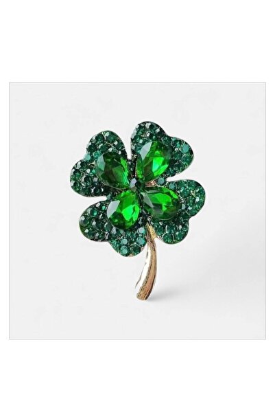 ESJ Kristal Zirkon Taş Koyu Yeşil 4 Yaprak Şans Yonca Unisex Broş Ebat: 3,5*4 cm