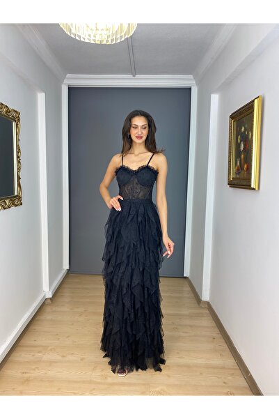 gökkuşagı moda Siyah Dantel Bel Transparan İşli Etek Saçaklı Uzun Abiye Elbise