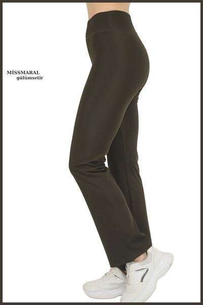 missmaral Kadın Tayt Haki Renk Yüksek Bel Bol Paça Lastikli Kemer Tam Boy Dal...