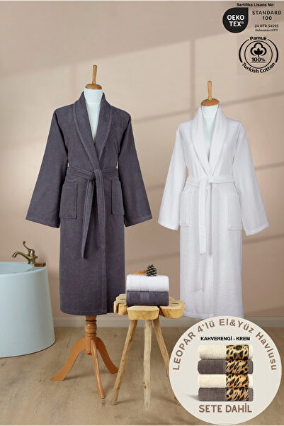 Ellaline 4 Piece Şalyaka Family Bathrobe Set 100% Cotton + Leopard 4-Piece Cr...