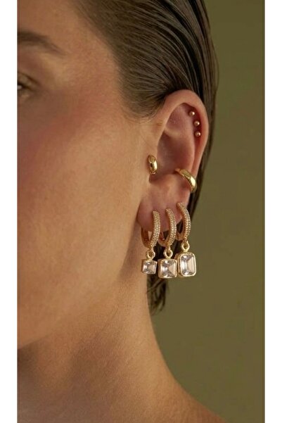 Markiz Takı Taşlı Üçlü Halka Küpe (halka Iç Çap 1 Cm)