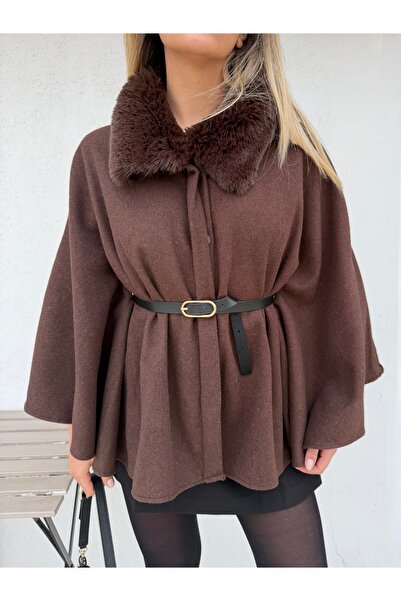Güneş Jachetă poncho supradimensionată cu guler de pluș – Maro
