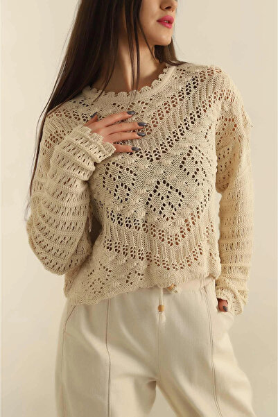 MetuCA Women's Beige Lace-Like Knit Crochet Knit Crew Neck Long Sleeve Bohemi...