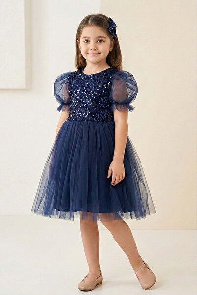 Mnk Baby&Kids Balon Kol Pul Payet Kız Çocuk Tütü Elbise M00751 LACİVERT