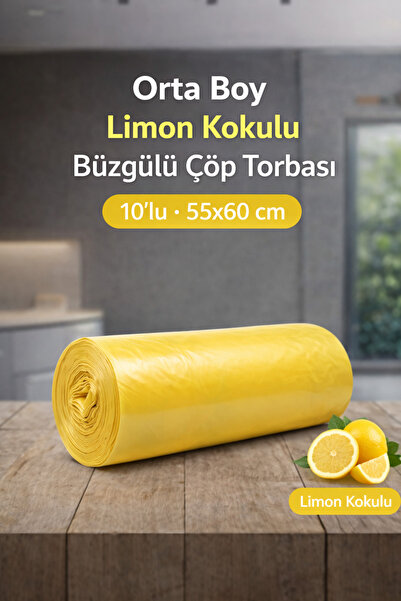 naft 1 Rulo Çöp Torbası Büzgülü Orta Boy Limon Kokulu 10'lu Kalın 55x60 Çöp P...