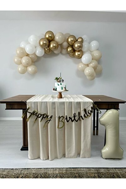 CUGY RETRO KREM GOLD BEYAZ DOĞUM GÜNÜ SETİ 1 YAŞ RAKAMLI YILDIZ DETAYLI BALON...