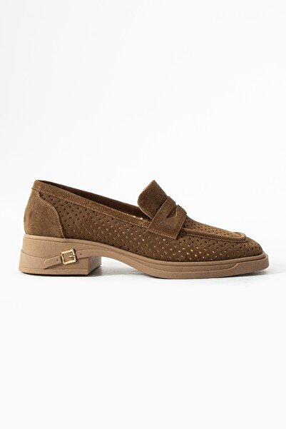 dericia shoes Azura Hakiki Deri Süet Taba Günlük Kadın Loafer Ayakkabı
