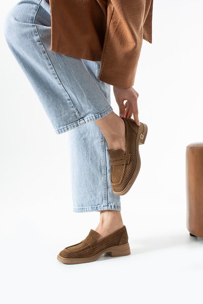 dericia shoes Azura Genuine Leather Suede Tan Casual Women's Loafer Shoes