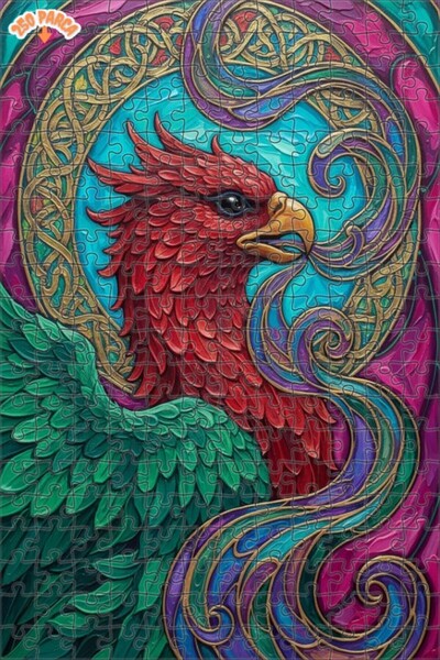 Esranın Dünyası Red Phoenix Oil Painting Look Double Layer Framed Wooden Puzz...