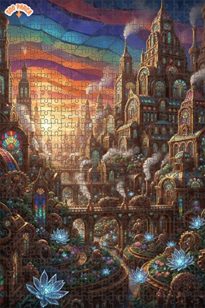 Esranın Dünyası Colorful Cityscape Oil Painting Look Wooden Puzzle with Doubl...